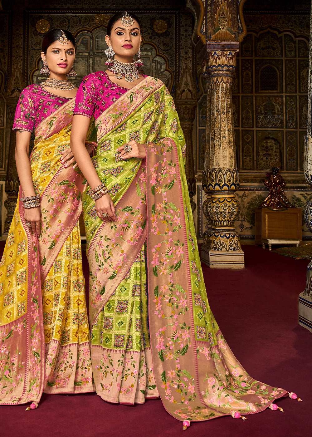 Buy MySilkLove Earls Green and Pink  Patola Printed Dola Silk Saree With Embroidered Blouse Online