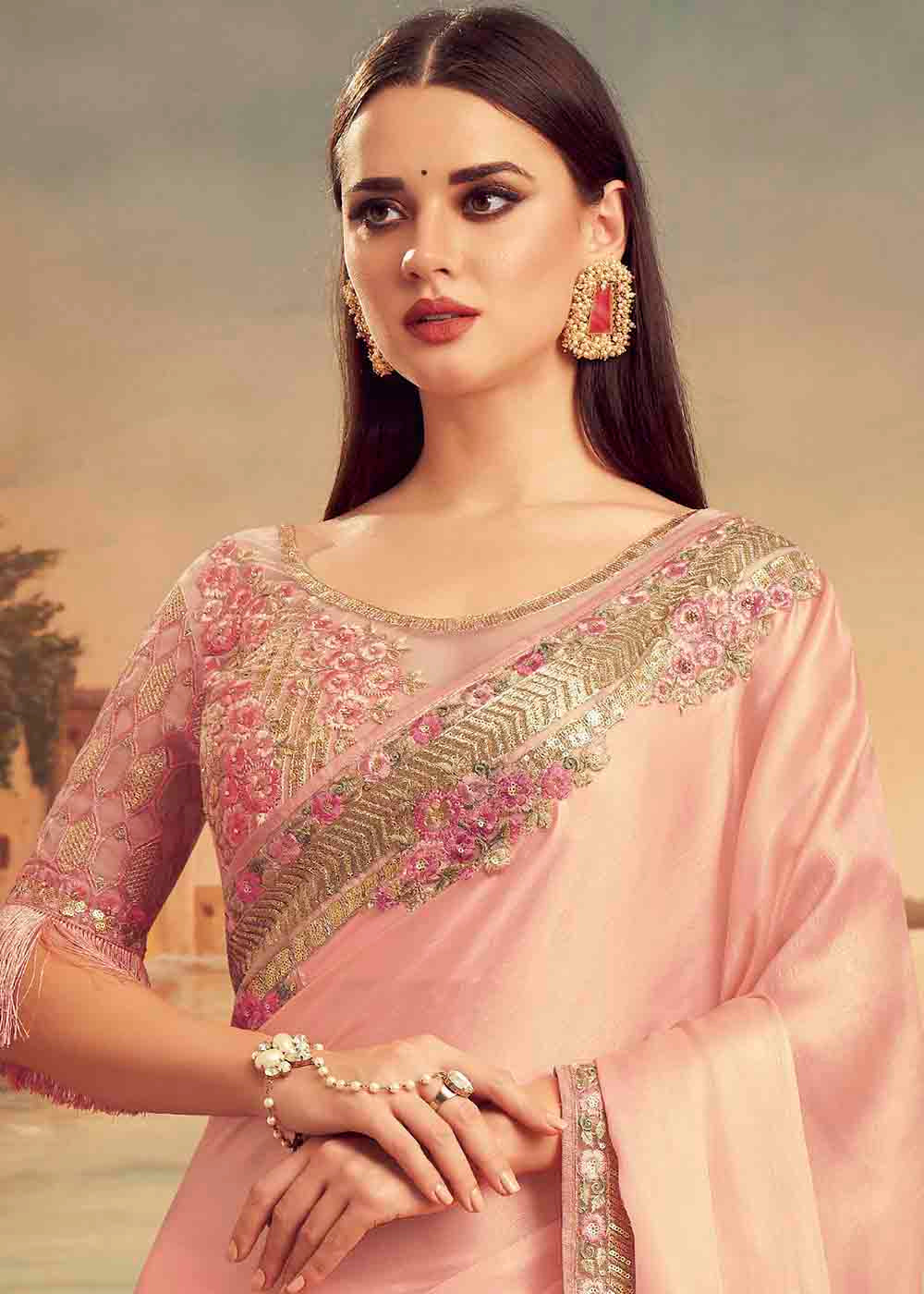 MySilkLove Mona Pink Embroidered Satin Silk Designer Saree