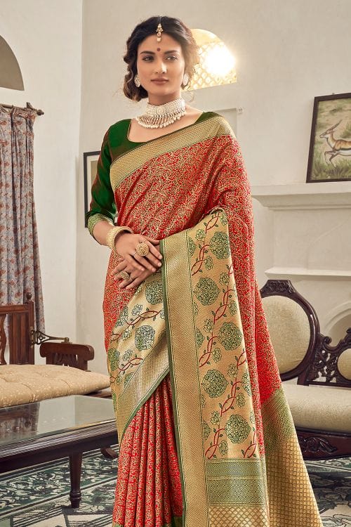 MySilkLove Crail Red and Green Zari Woven Banarasi Saree