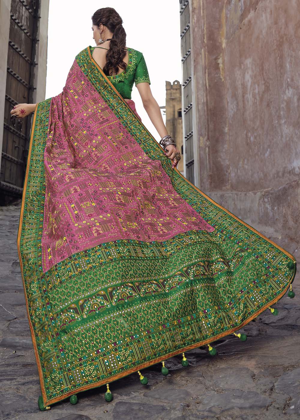 Buy MySilkLove Contessa Pink and Green Banarasi Saree with Kachhi,Mirror and Diamond Work Online