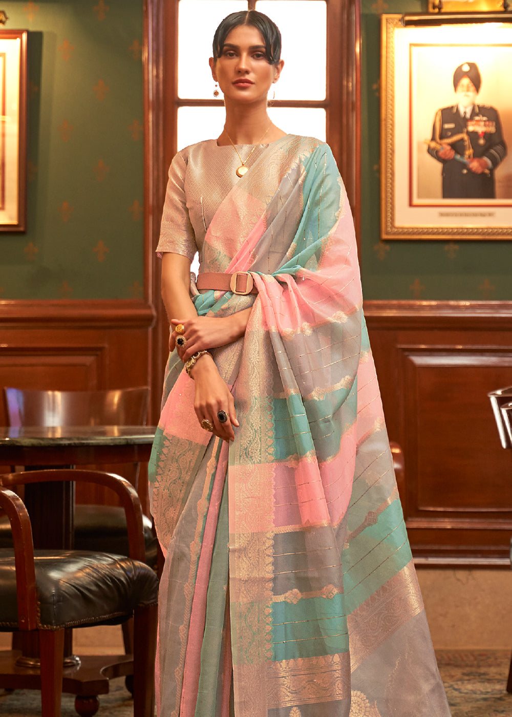 Buy MySilkLove Envy Blue Grey and Pink Zari Woven Banarasi Organza Saree Online