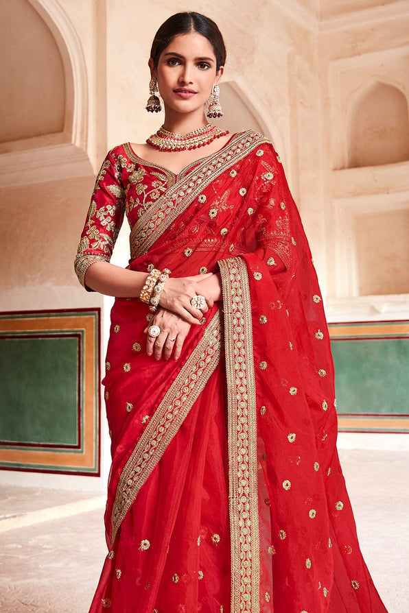 Buy MySilkLove Pearl Red Organza Saree Online