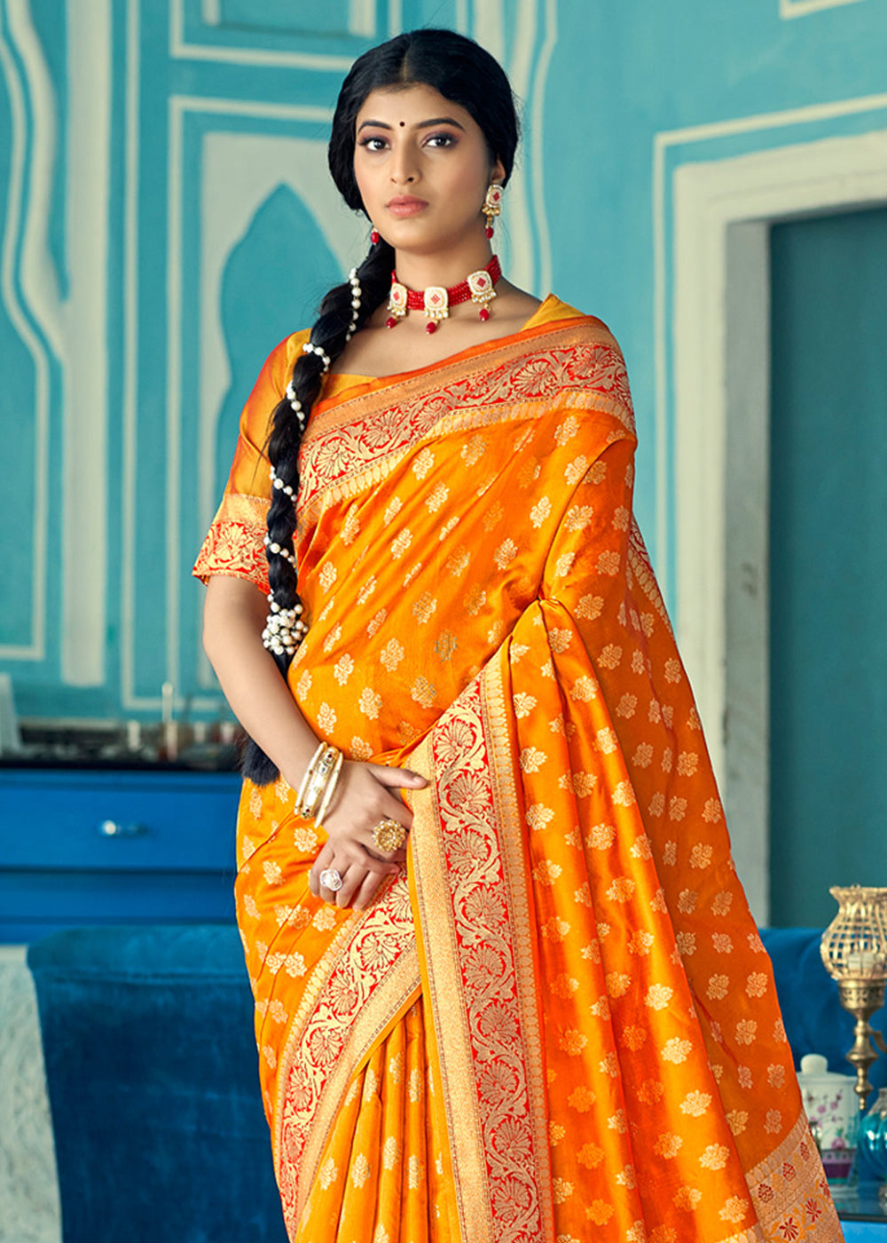 Buy MySilkLove Picasso Orange Zari Woven Banarasi Saree Online