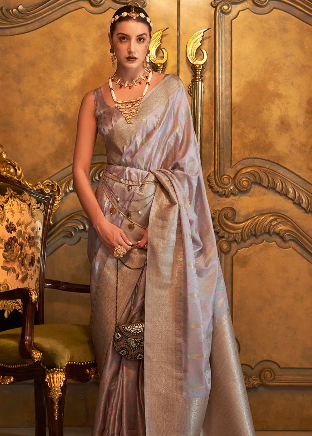 Buy MySilkLove Cold Turkey Grey Banarasi Satin Silk Saree Online