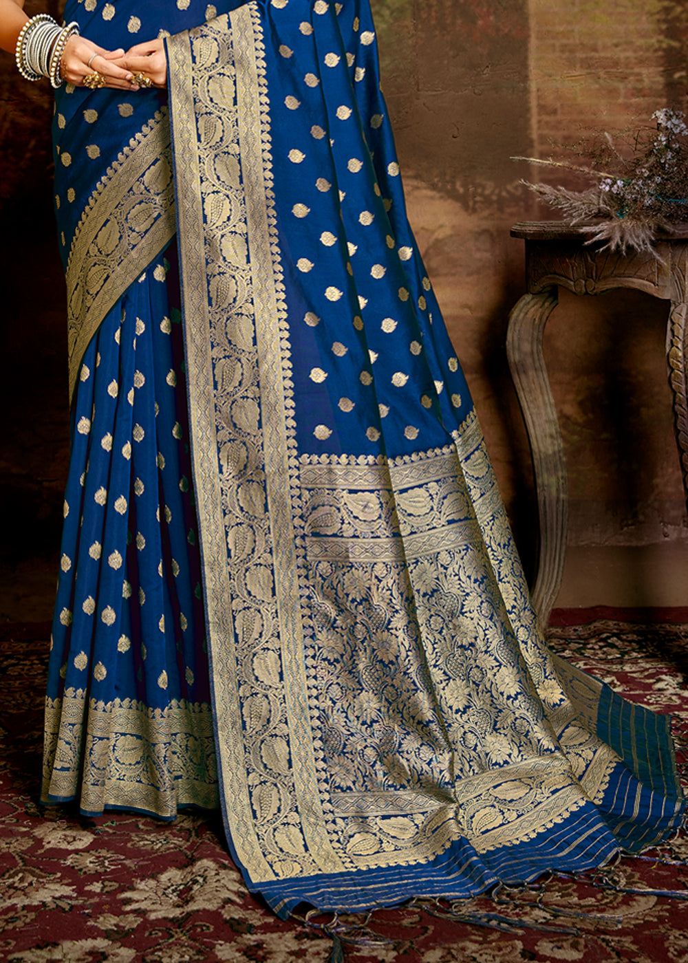 Buy MySilkLove Prussian Blue Zari Woven Banarasi Jamdani Silk Saree Online