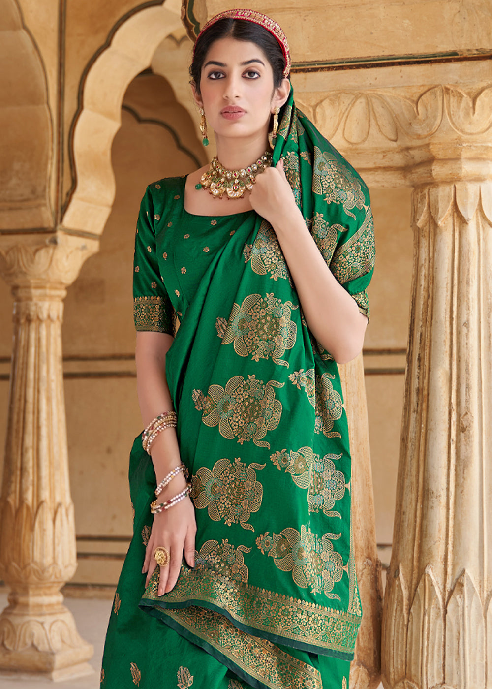 Buy MySilkLove Viridian Green Zari Woven Banarasi Silk Saree Online