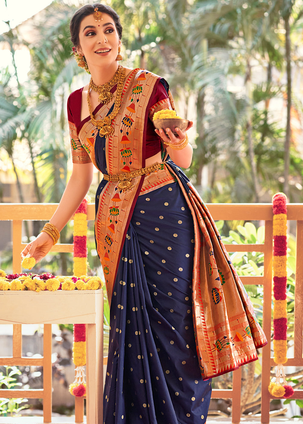 Buy MySilkLove Gun Powder Blue Woven Paithani Silk Saree Online