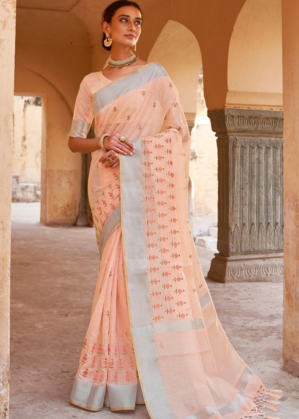 Buy MySilkLove Cashmere Light Orange Linen Saree Online