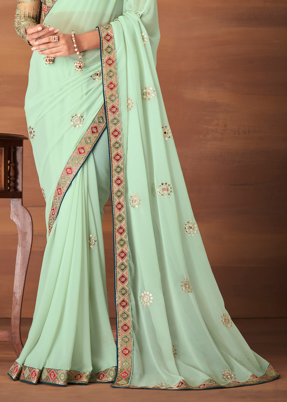 Buy MySilkLove Moss Green Designer Saree with Embroidered Blouse Online