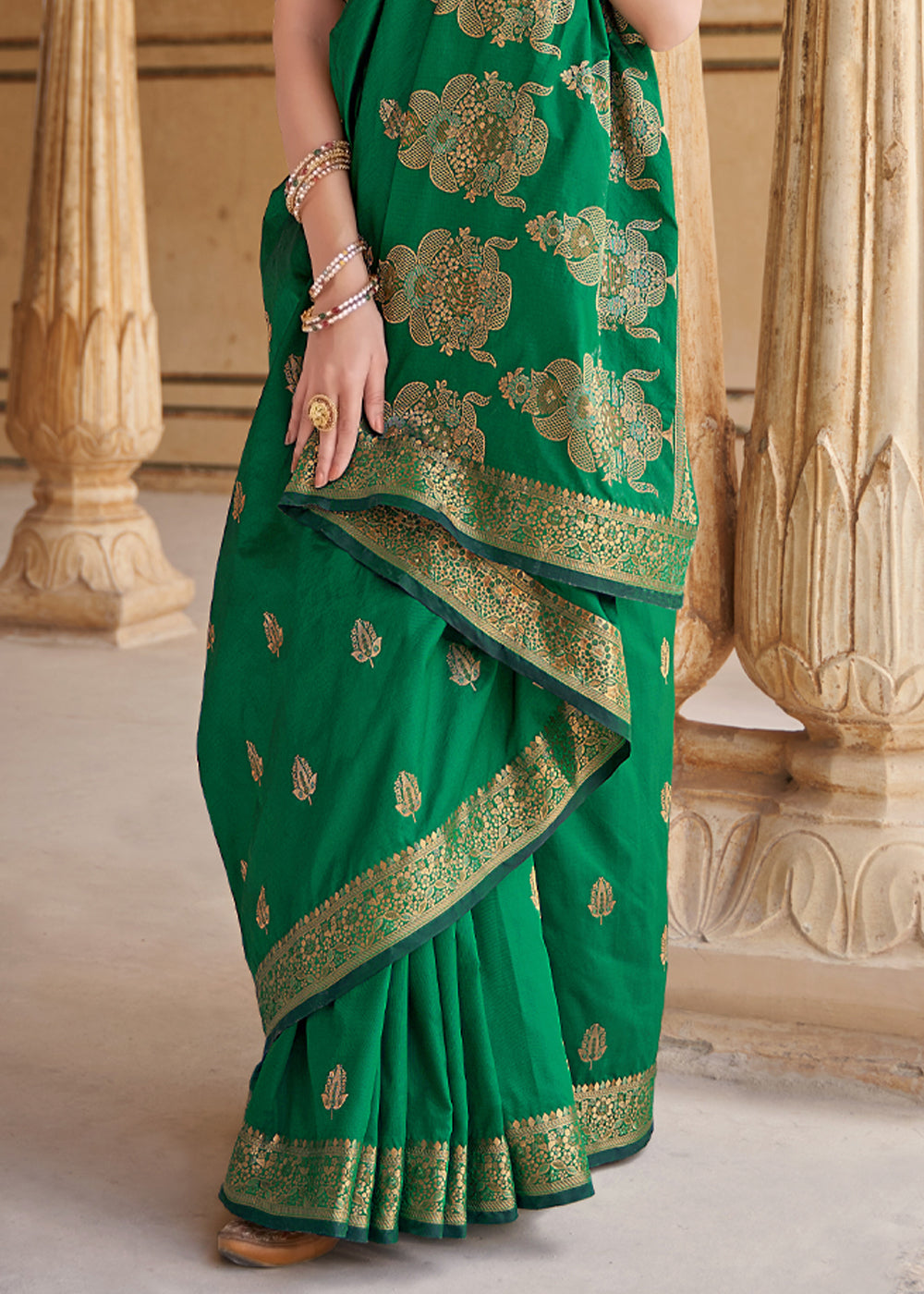 Buy MySilkLove Viridian Green Zari Woven Banarasi Silk Saree Online