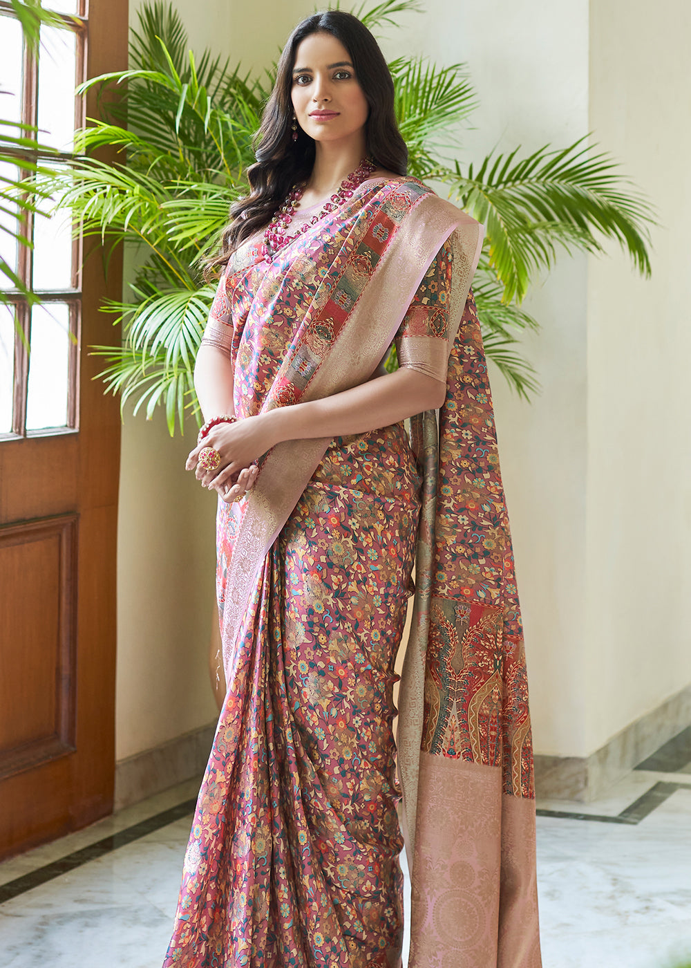 Buy MySilkLove Brandy Rose Pink Banarasi Saree with Jamewar Print Online