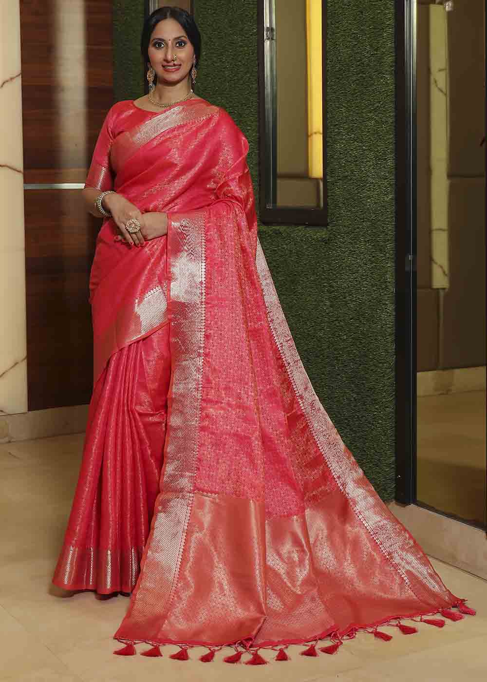 Buy MySilkLove Tulip Pink Zari Woven Banarasi Soft Silk Saree Online