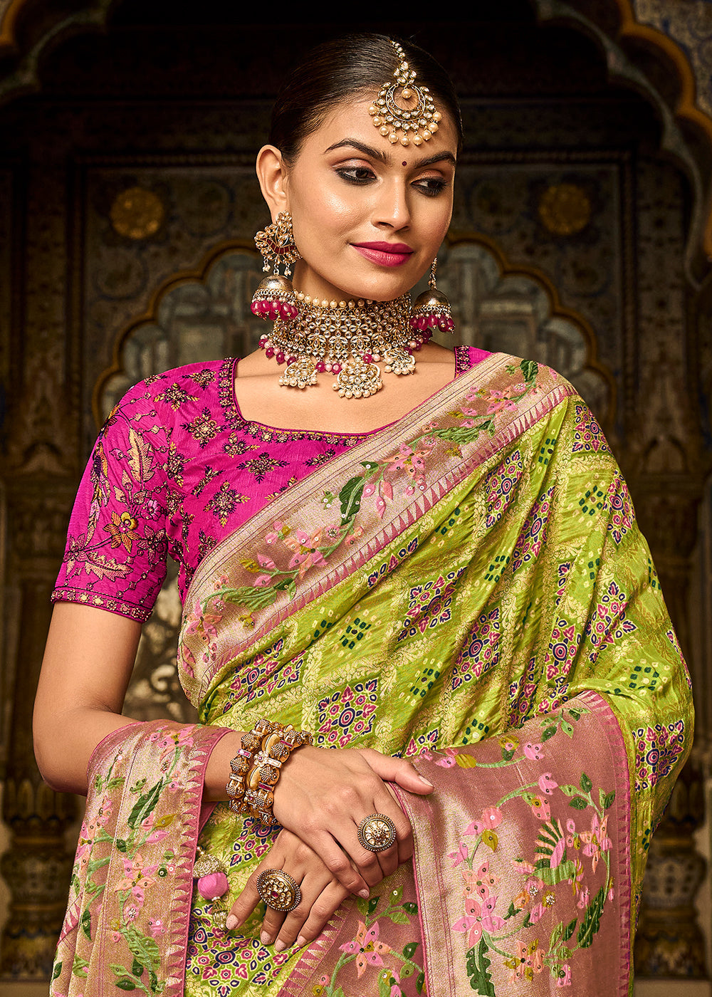 MySilkLove Earls Green and Pink  Patola Printed Dola Silk Saree With Embroidered Blouse