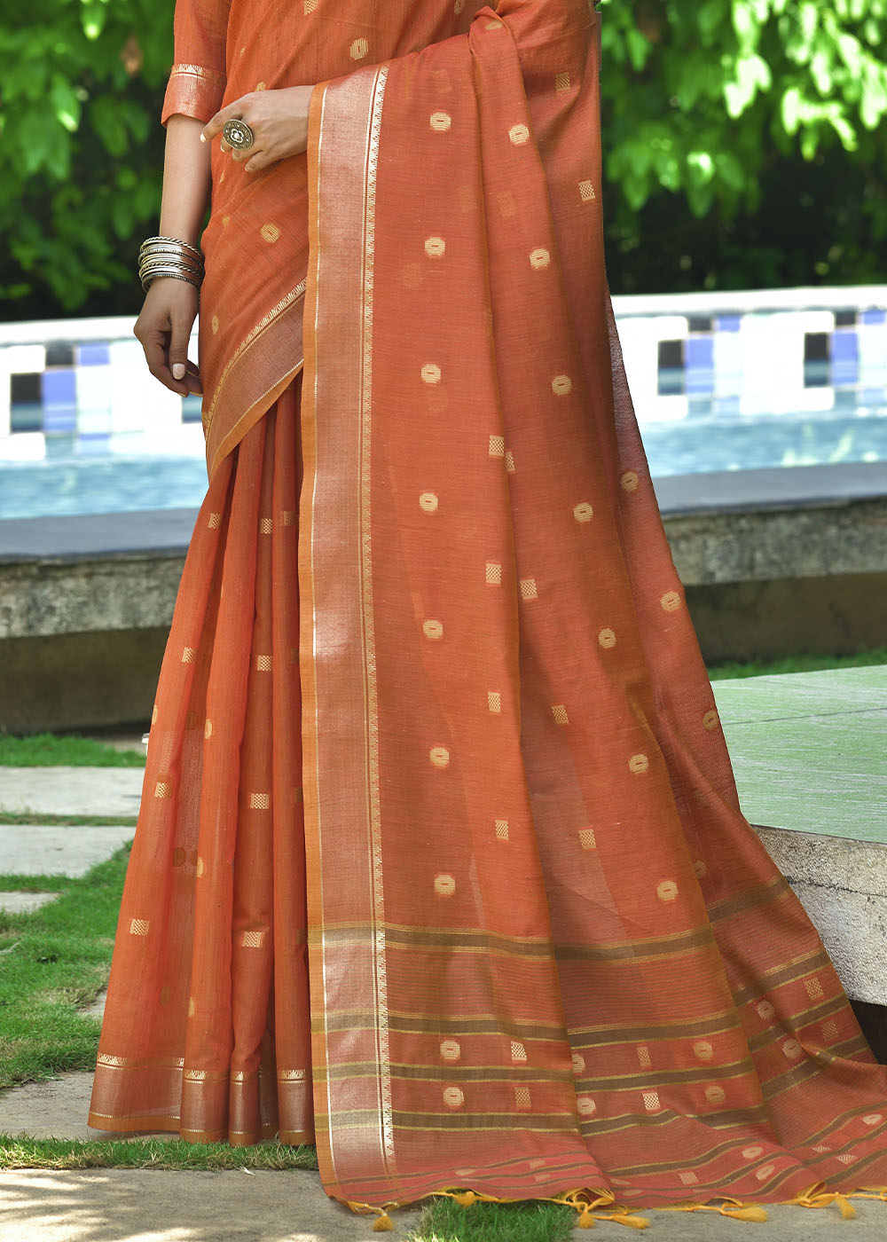 Buy MySilkLove Flame Pea Orange Zari Woven Cotton Saree Online