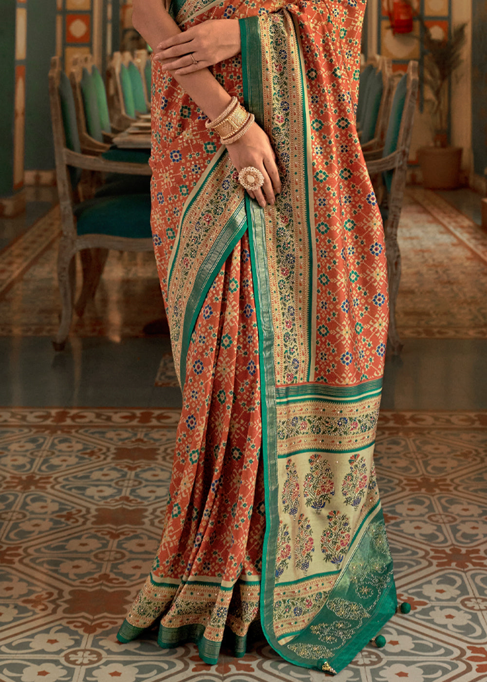 Buy MySilkLove Chest Orange and Green Woven Patola Silk Saree Online