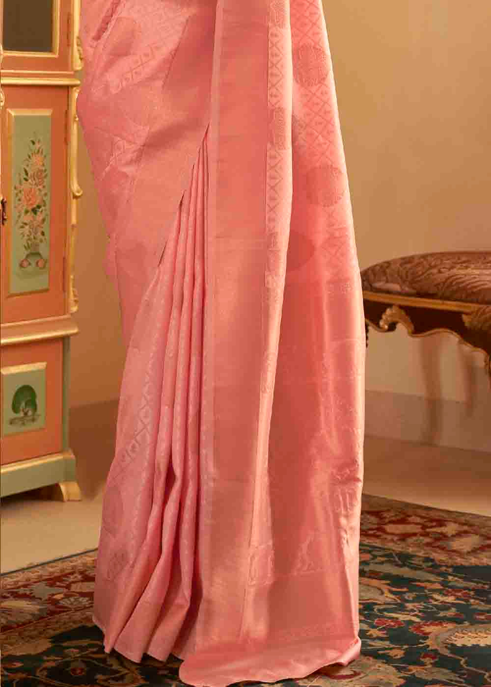 Buy MySilkLove Vivid Tangerine Pink Banarasi Silk Handloom Saree Online