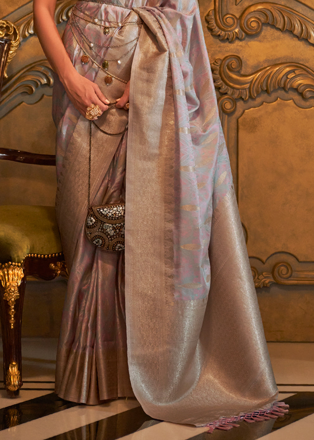 Buy MySilkLove Cold Turkey Grey Banarasi Satin Silk Saree Online