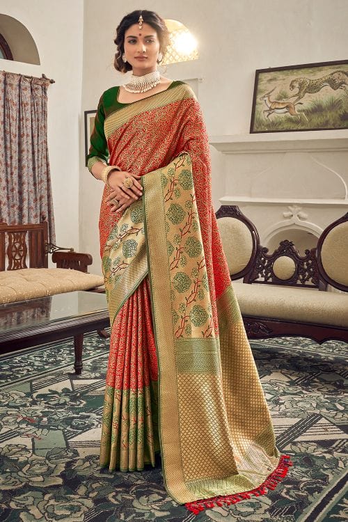 Buy MySilkLove Crail Red and Green Zari Woven Banarasi Saree Online