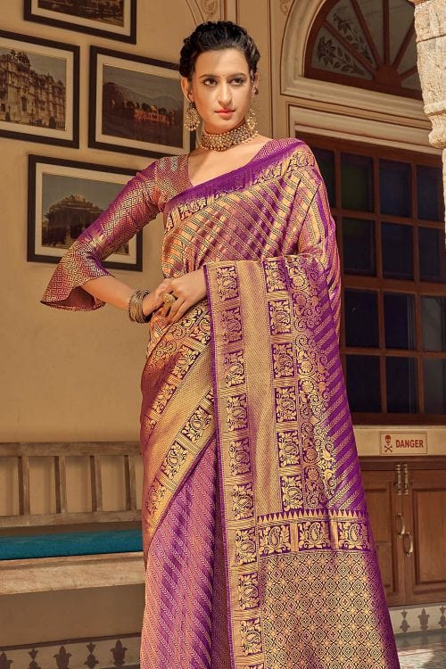 Buy MySilkLove Tapestry Purple Zari Woven Tanchui Kanjivaram Fusion Silk Saree Online