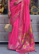 Hot Pink Woven Dual Tone Organza Banarasi Silk Saree