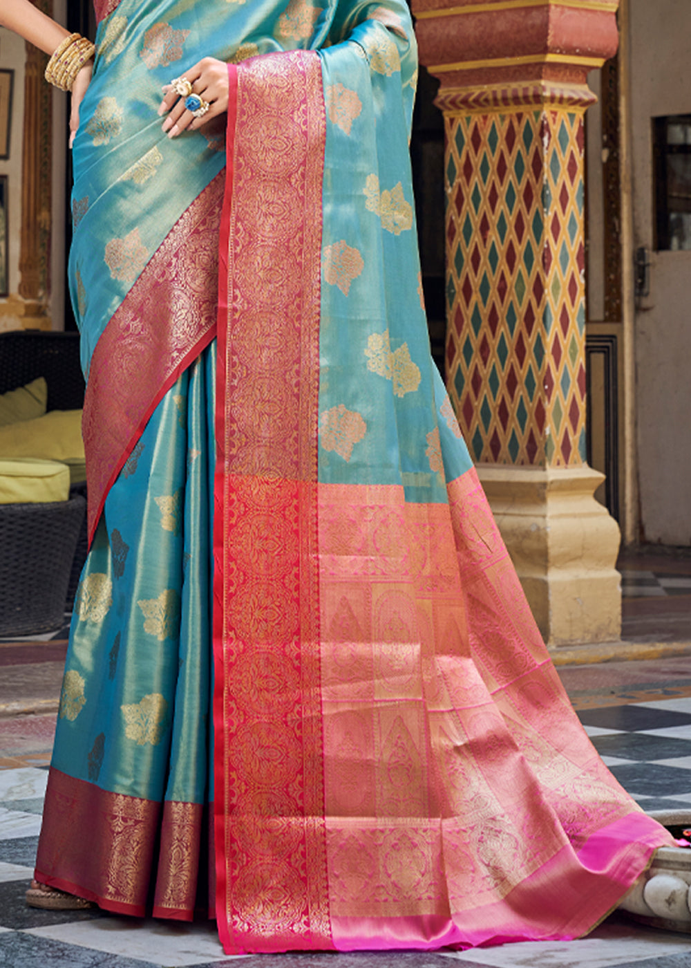 Buy MySilkLove Neptune Blue Woven Banarasi Barcode Silk Saree Online