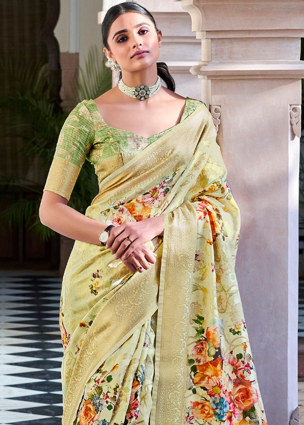 Buy MySilkLove Straw Green Zari Woven Floral Banarasi Saree Online