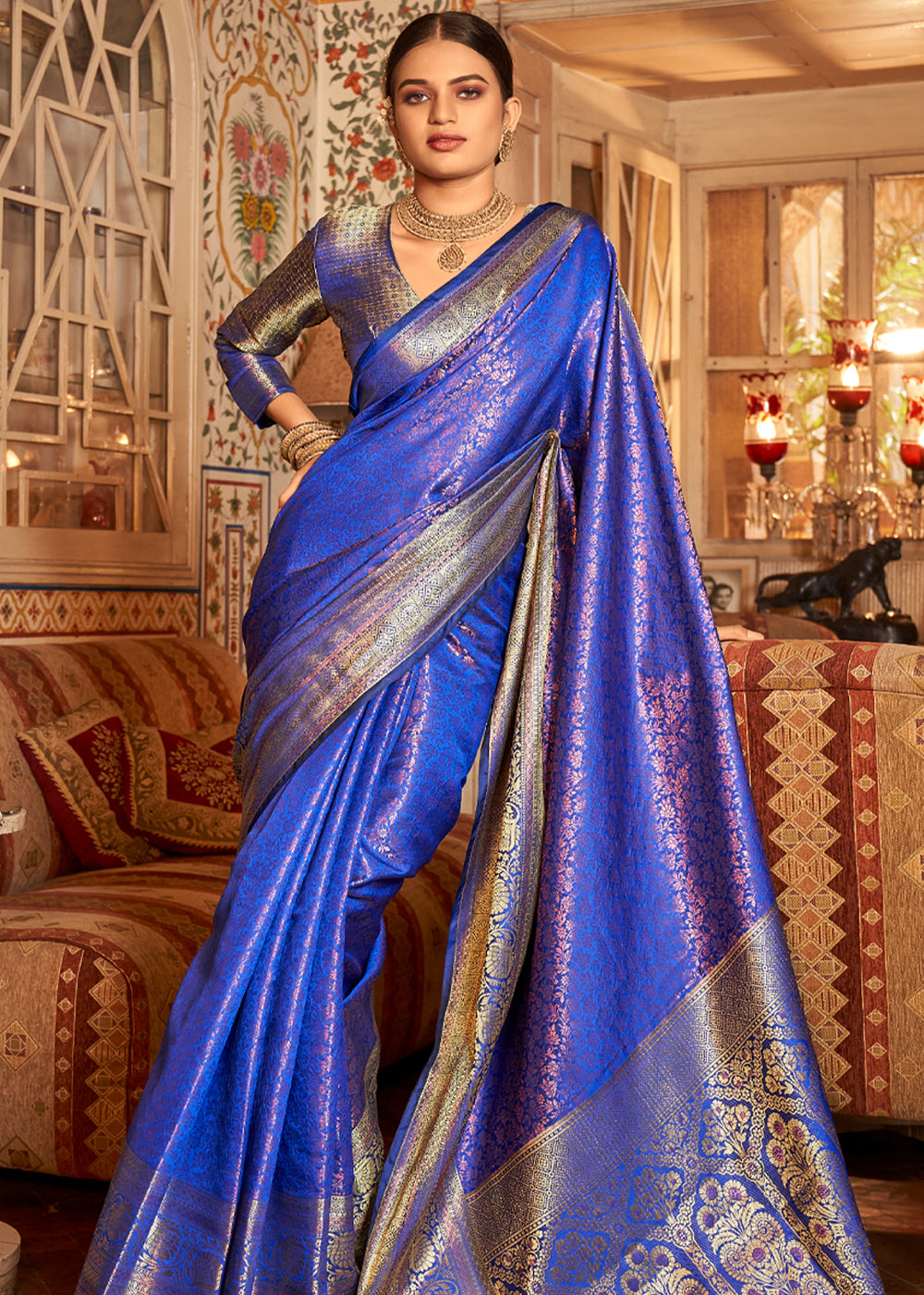 Buy MySilkLove Indigo Blue Bronze Zari Woven Kanjivaram Saree Online