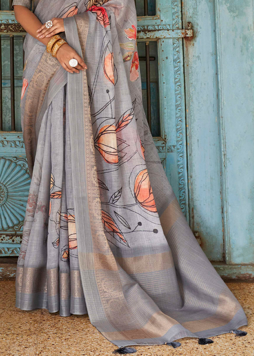 Quick Silver Grey Floral Printed Linen Silk Saree