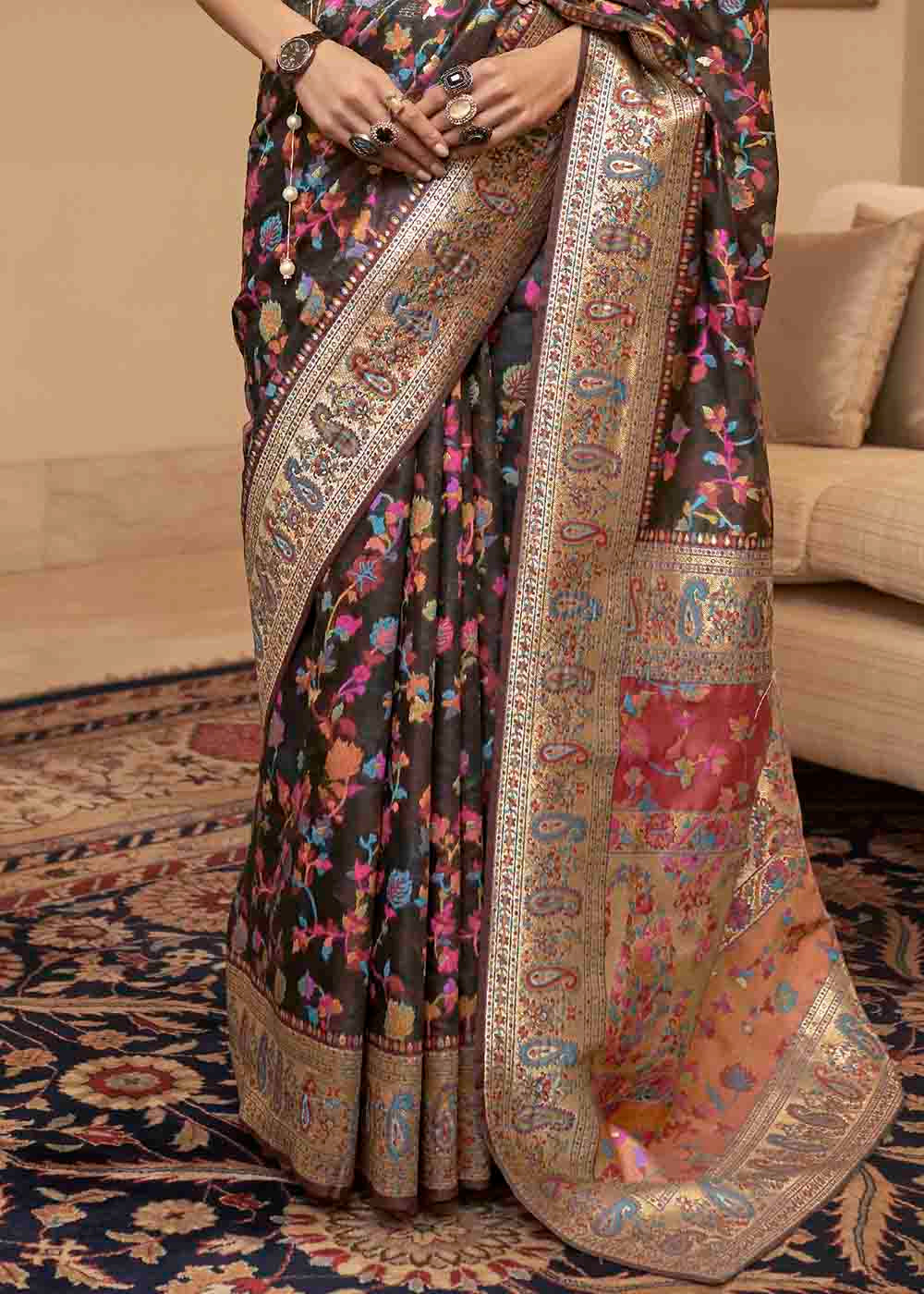 Buy MySilkLove Sonali Kulkarni in Taupe Black Banarasi Jamawar Woven Silk Saree Online