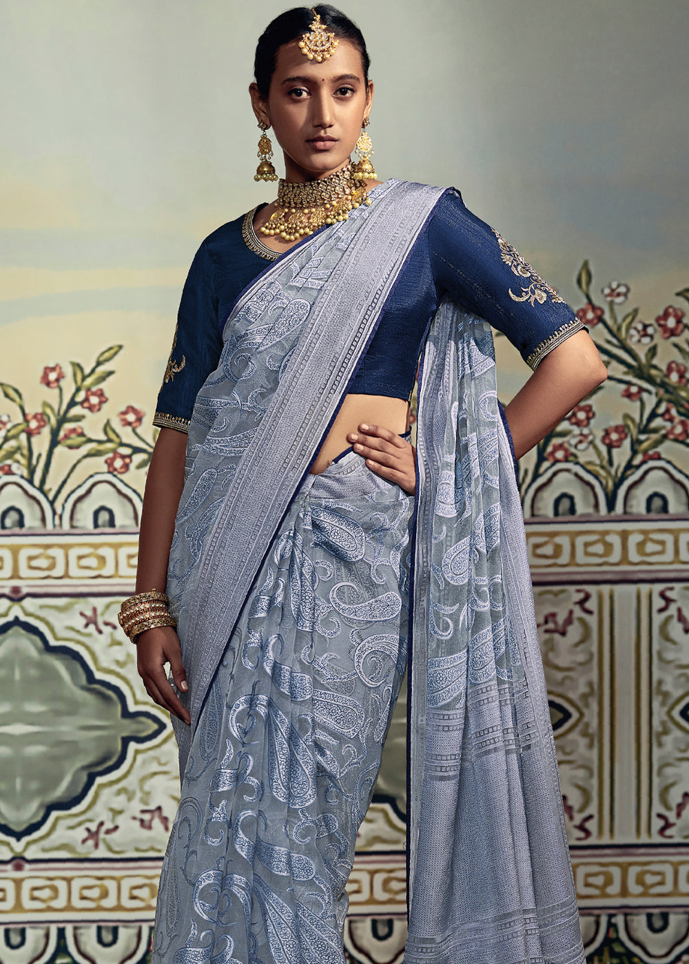 Buy MySilkLove Pale Sky Grey and Blue Woven Soft Silk Saree with Embroidered Blouse Online