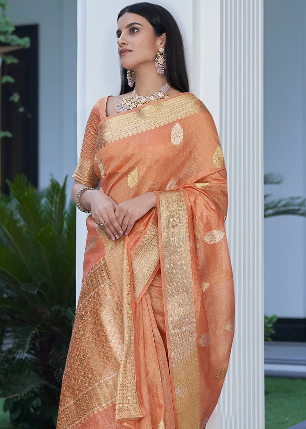 Buy MySilkLove Negroni Peach Zari Woven Tissue Banarasi Silk Saree Online