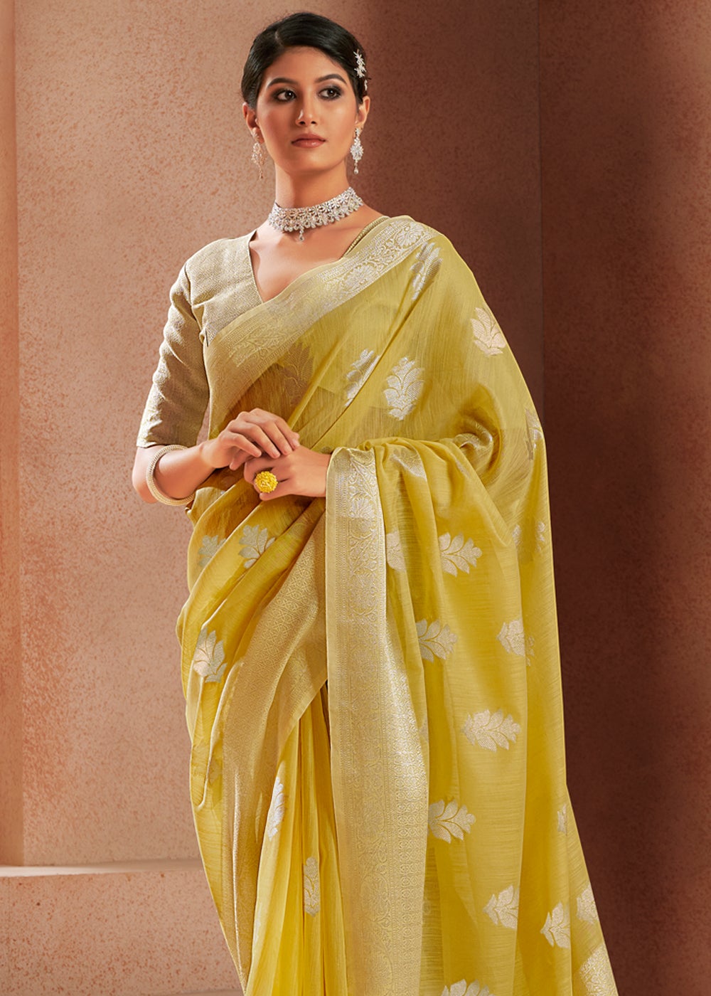 Buy MySilkLove Old Gold Yellow Zari Woven Banarasi Linen Saree Online