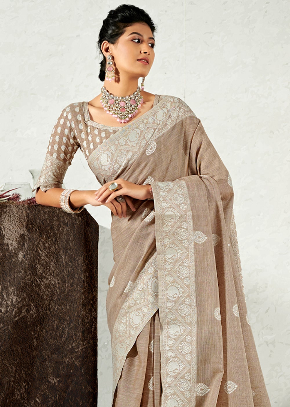 Buy MySilkLove Rodeo Brown Zari Woven Linen Saree Online