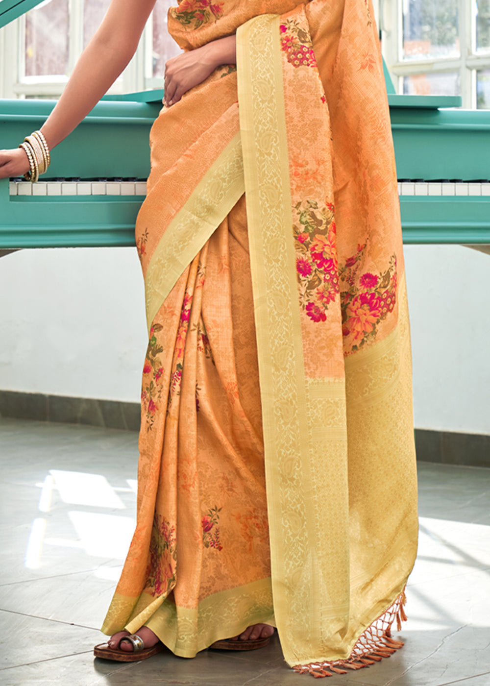 Buy MySilkLove Tan Orange Banarasi Jacquard Printed Saree Online