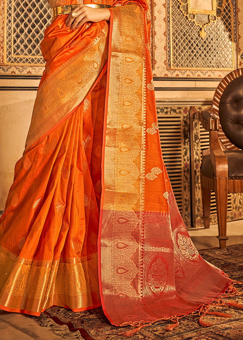 Buy MySilkLove Neon Carrot Orange Banarasi Tussar Woven Silk Saree Online