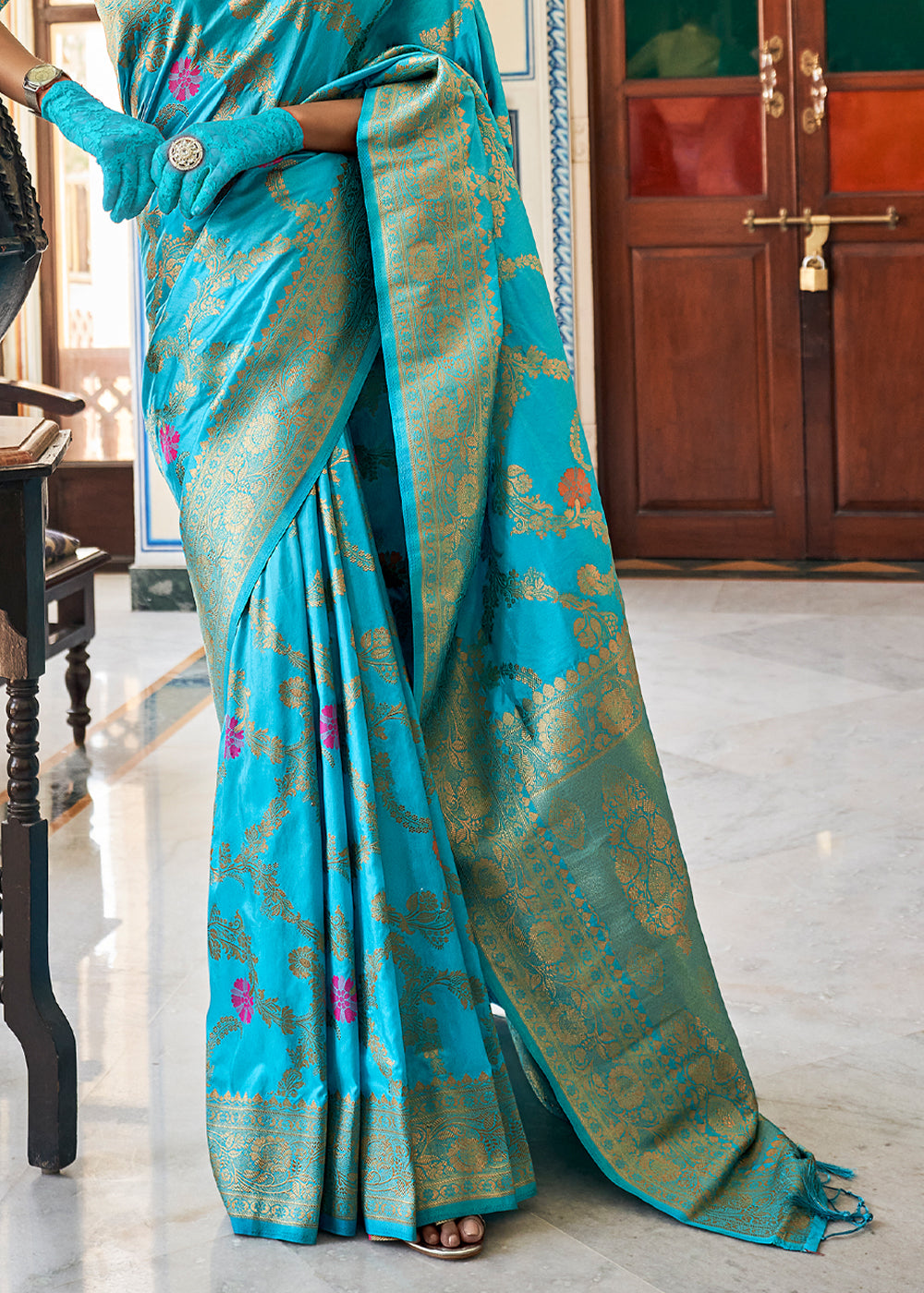 Buy MySilkLove Aquamarine Blue Zari Woven Dola Silk Saree Online