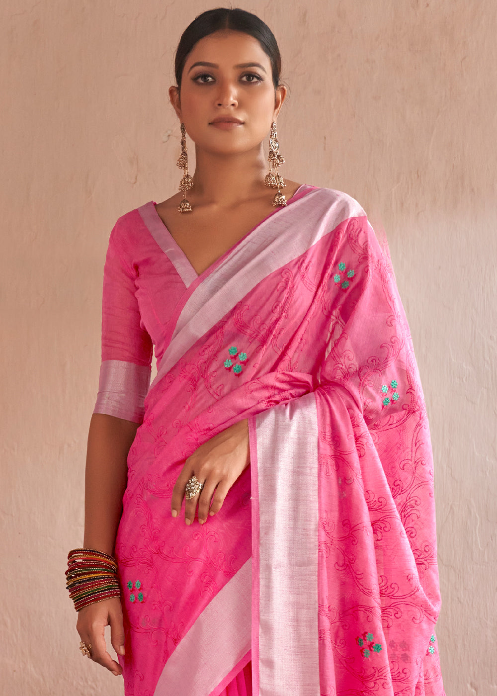 Buy MySilkLove Froly Pink Floral Embroidered Linen Saree Online