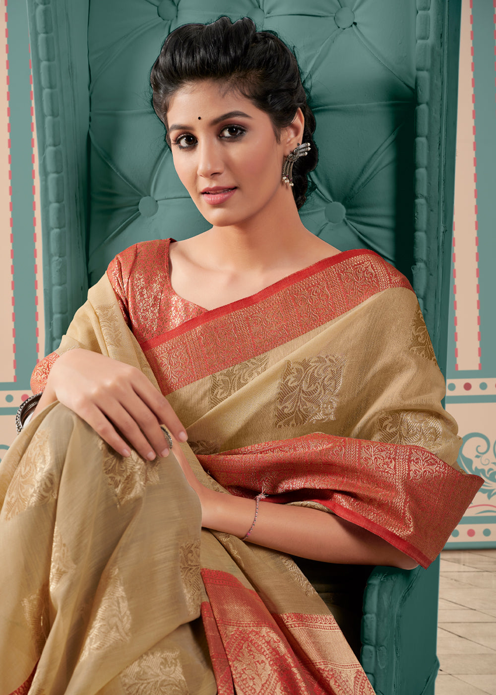 Buy MySilkLove Muddy Water Cream Zari Woven Banarasi Brocade Linen Saree Online