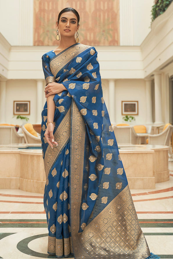 Buy MySilkLove San Marino Blue Zari Woven Organza Silk Saree Online