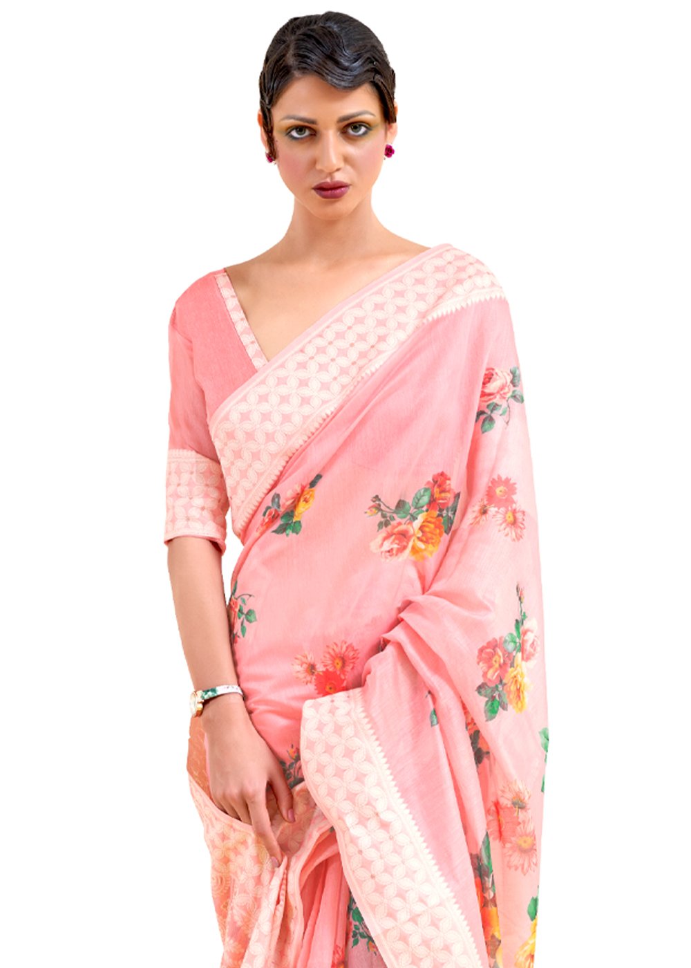 Buy MySilkLove Azalea Pink Zari Woven Digital Printed Linen Saree Online
