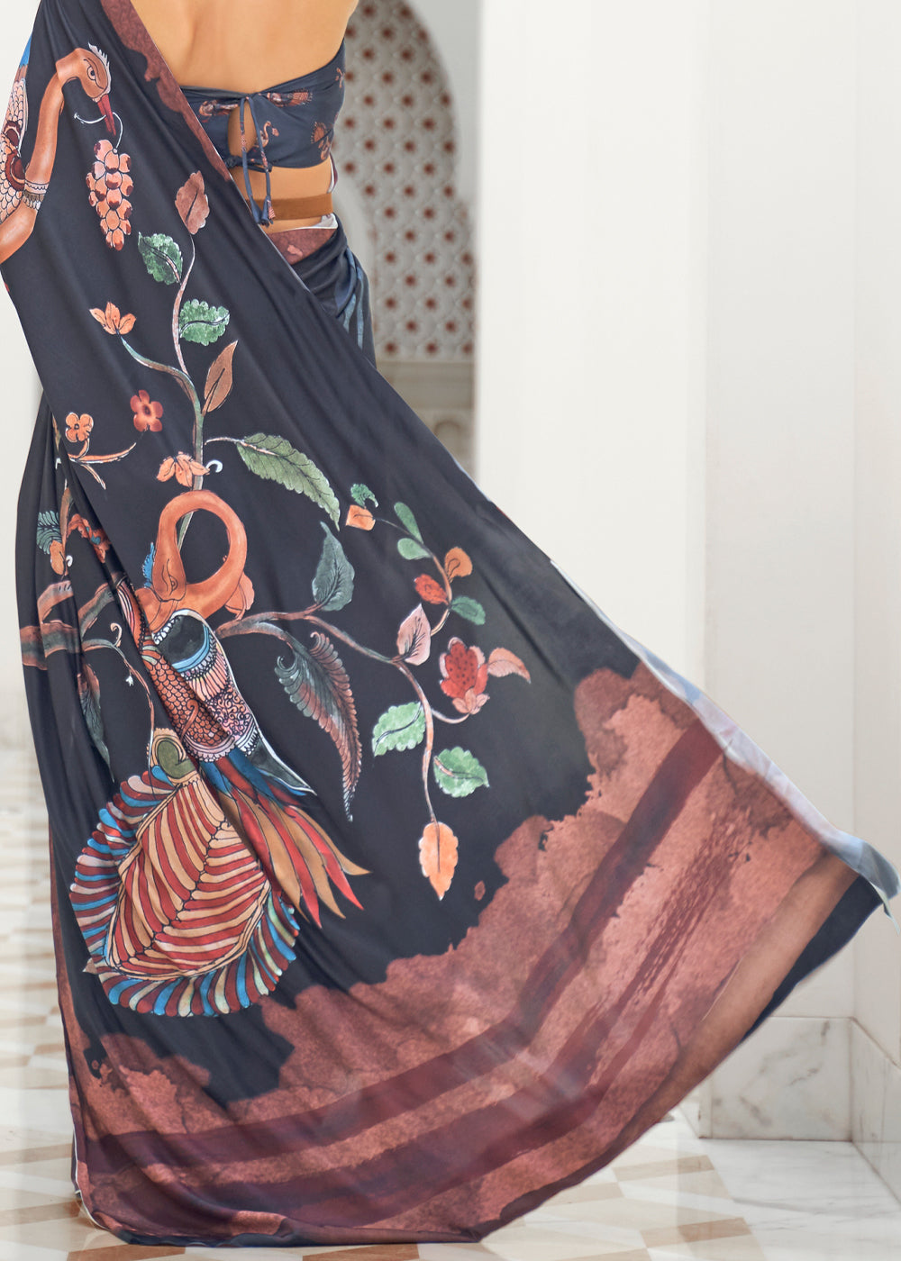 Buy MySilkLove Tuna Black Kalamkari Printed Crepe Saree Online