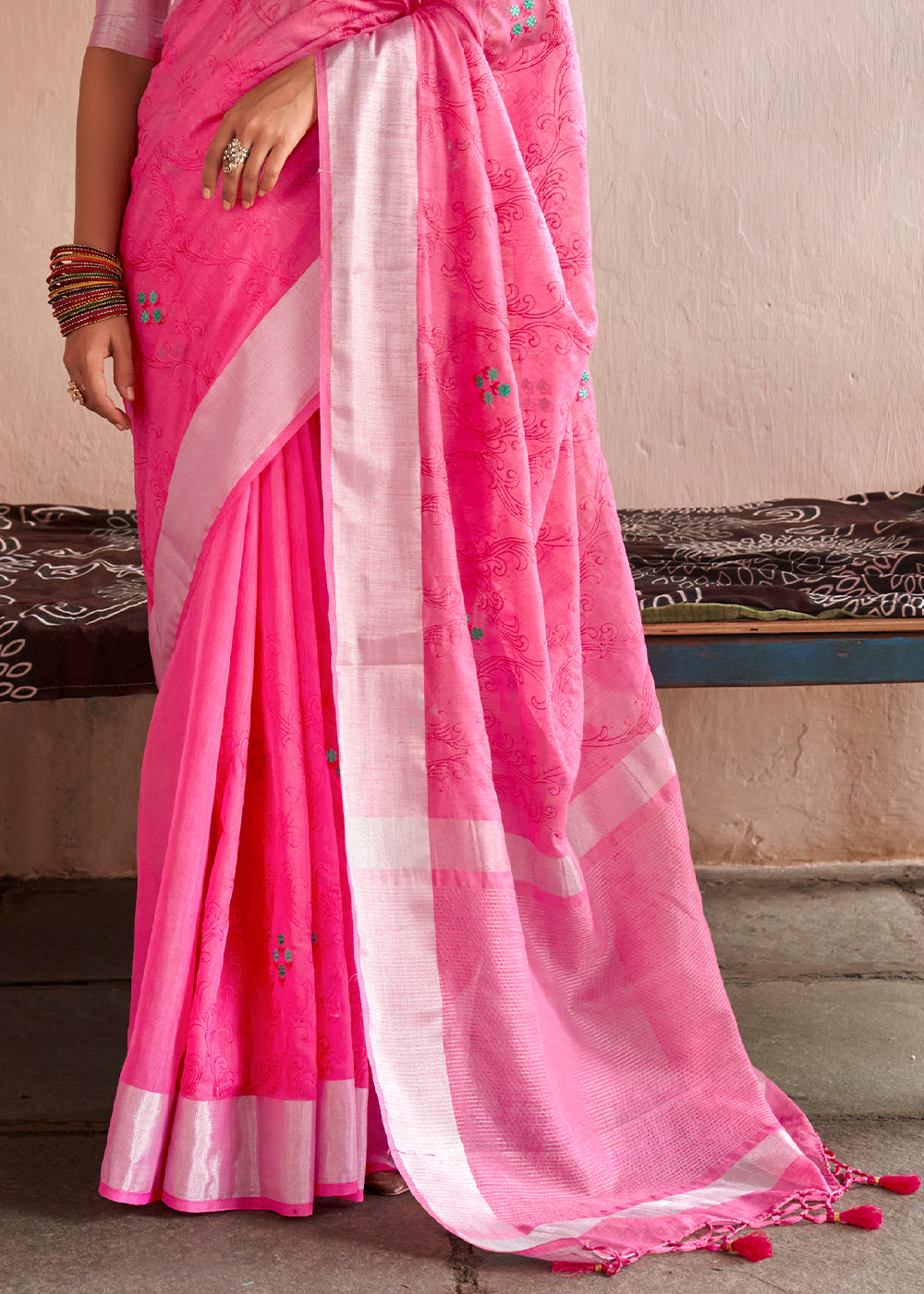 Buy MySilkLove Froly Pink Floral Embroidered Linen Saree Online