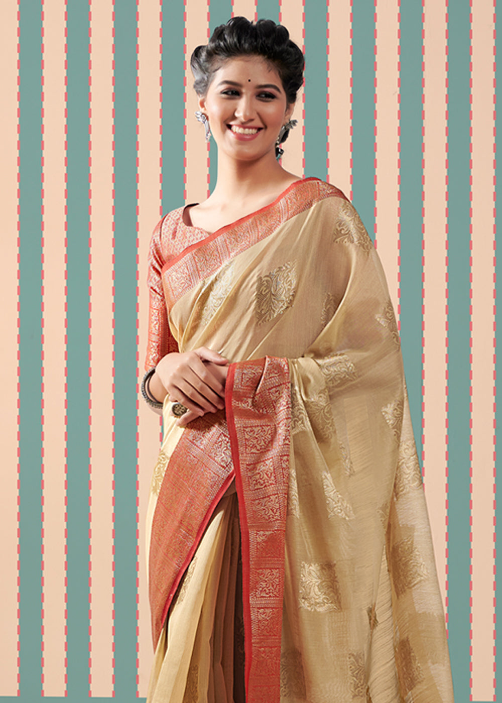 Buy MySilkLove Muddy Water Cream Zari Woven Banarasi Brocade Linen Saree Online