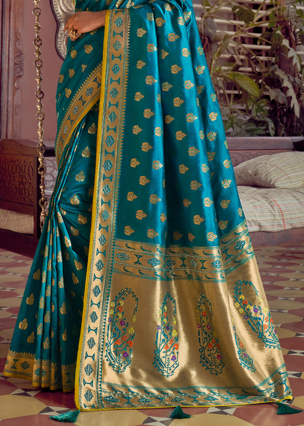 Buy MySilkLove Teal Blue and Yellow Zari Woven Banarasi Brocade Saree Online