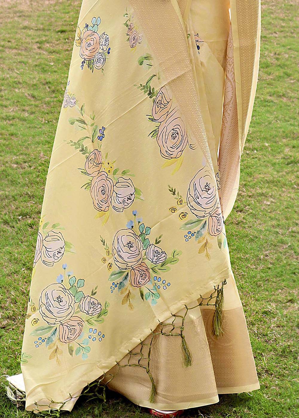 Buy MySilkLove Calico Yellow Floral Printed Soft Silk Saree Online