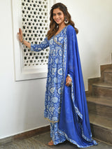 Indigo Blue Cotton Floral Block Print Kurta With Pant And Dupatta Set