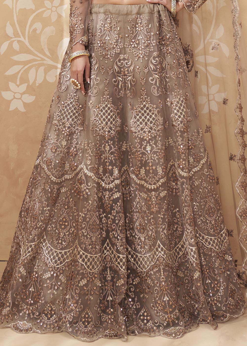 Buy MySilkLove Blast Off Brown Designer Net Lehenga with Multi Thread Embroidery Work Online