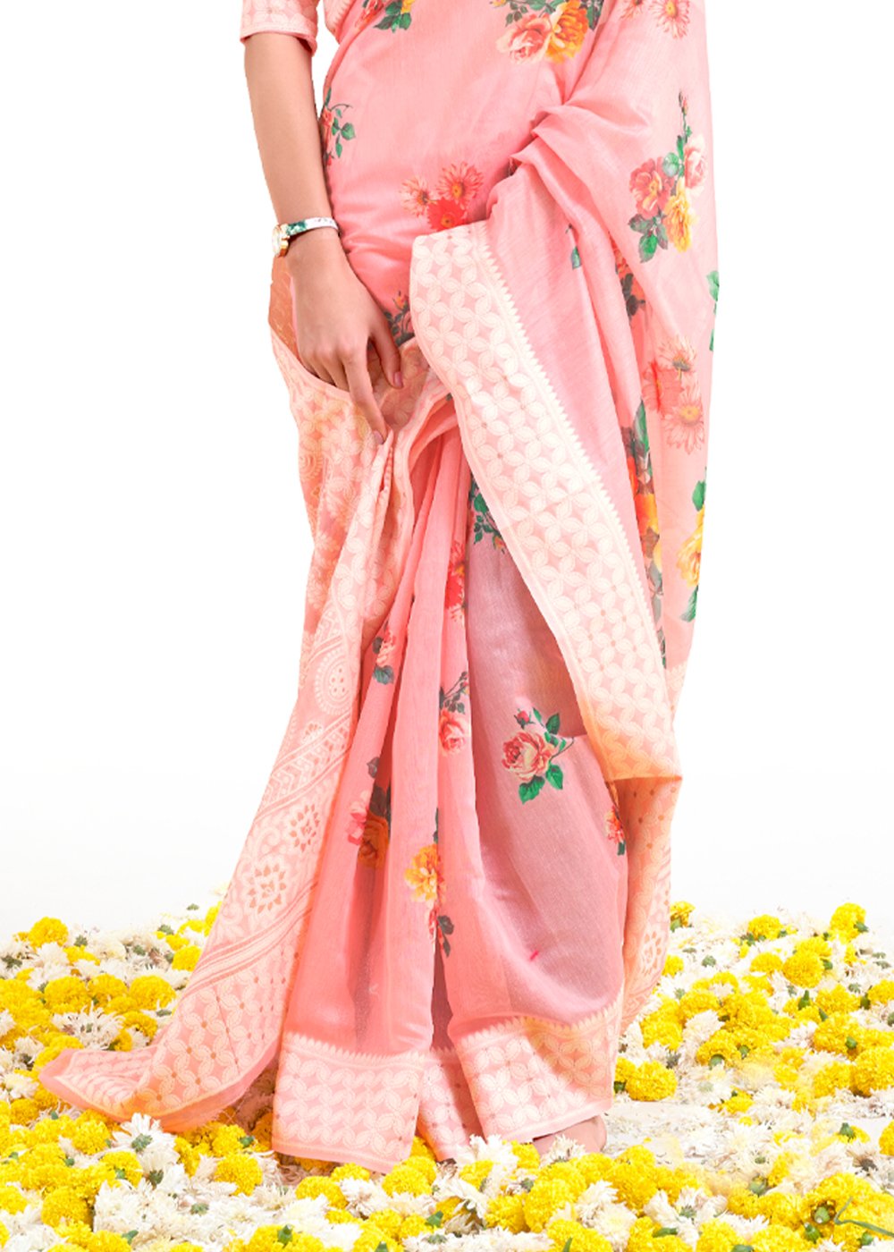 Buy MySilkLove Azalea Pink Zari Woven Digital Printed Linen Saree Online