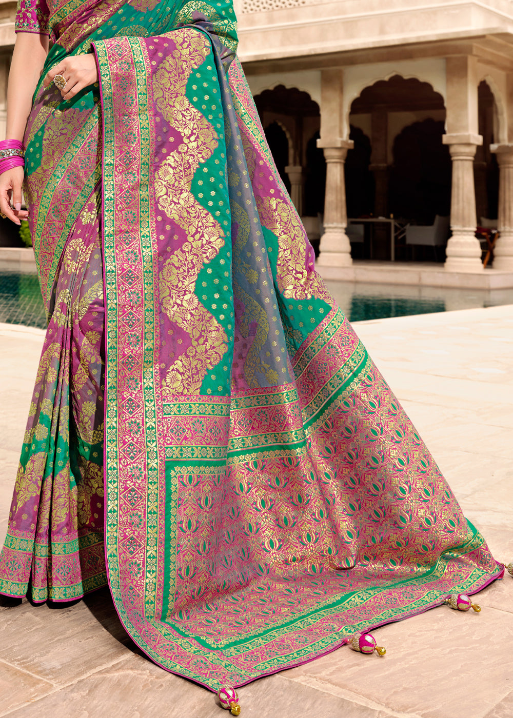 Buy MySilkLove Pine Green and Purple Woven Designer Banarasi Silk Saree Online