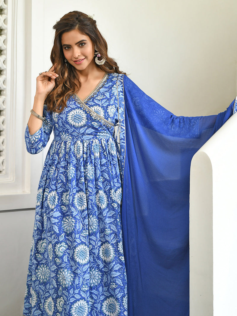 Indigo Blue Cotton Floral Block Print Kurta With Pant And Dupatta Set
